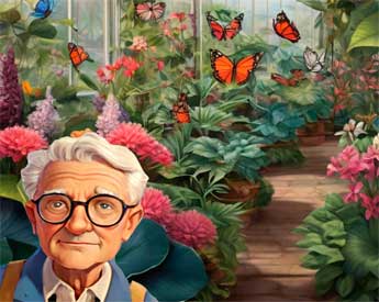 Картинка с дедушкой в аранжерее с бабочками